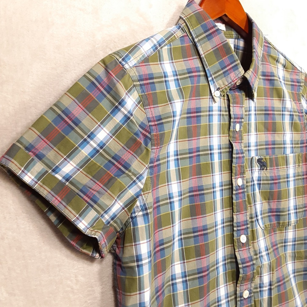 Abercrombie & Fitch Mens Muscle Short Sleeve Button Shirt Sz.M/Green-Plaid/Logo - Picture 2 of 14